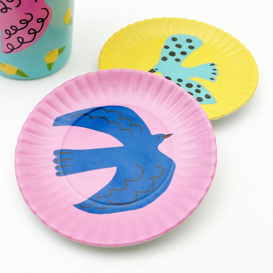 Coaster/Tidbit Tray - Melamine "Paper Plate" - Bird on Pink