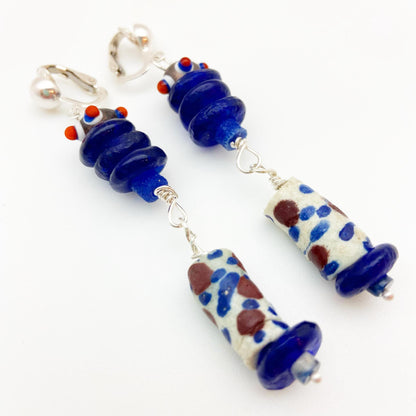Clip Earrings - African Trade Beads on Sterling