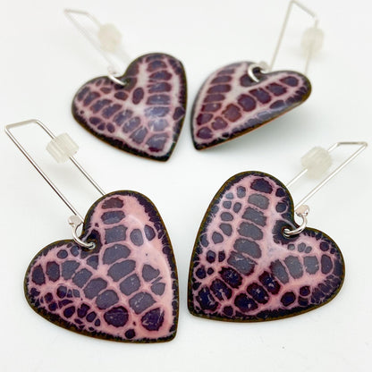 Earrings - Purple Print on Pink Hearts - Enamel on Copper
