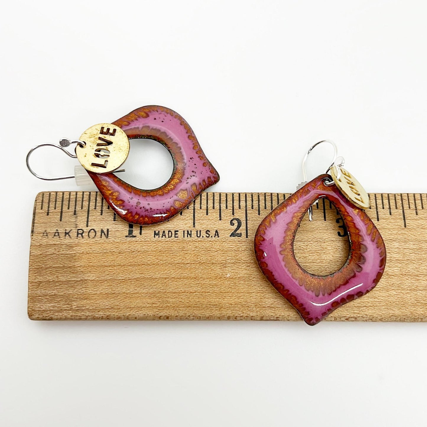 Earrings - Magenta Center-Cut Curved Diamonds - Brass "LOVE" Tag - Enamel on Copper