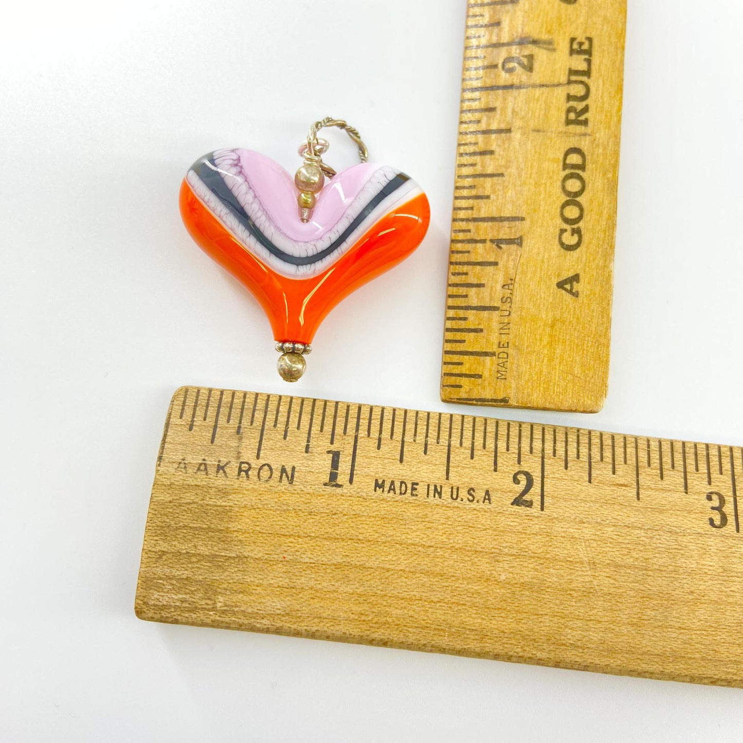Pendant - Pink and Orang Stripe Heart - Handmade Glass