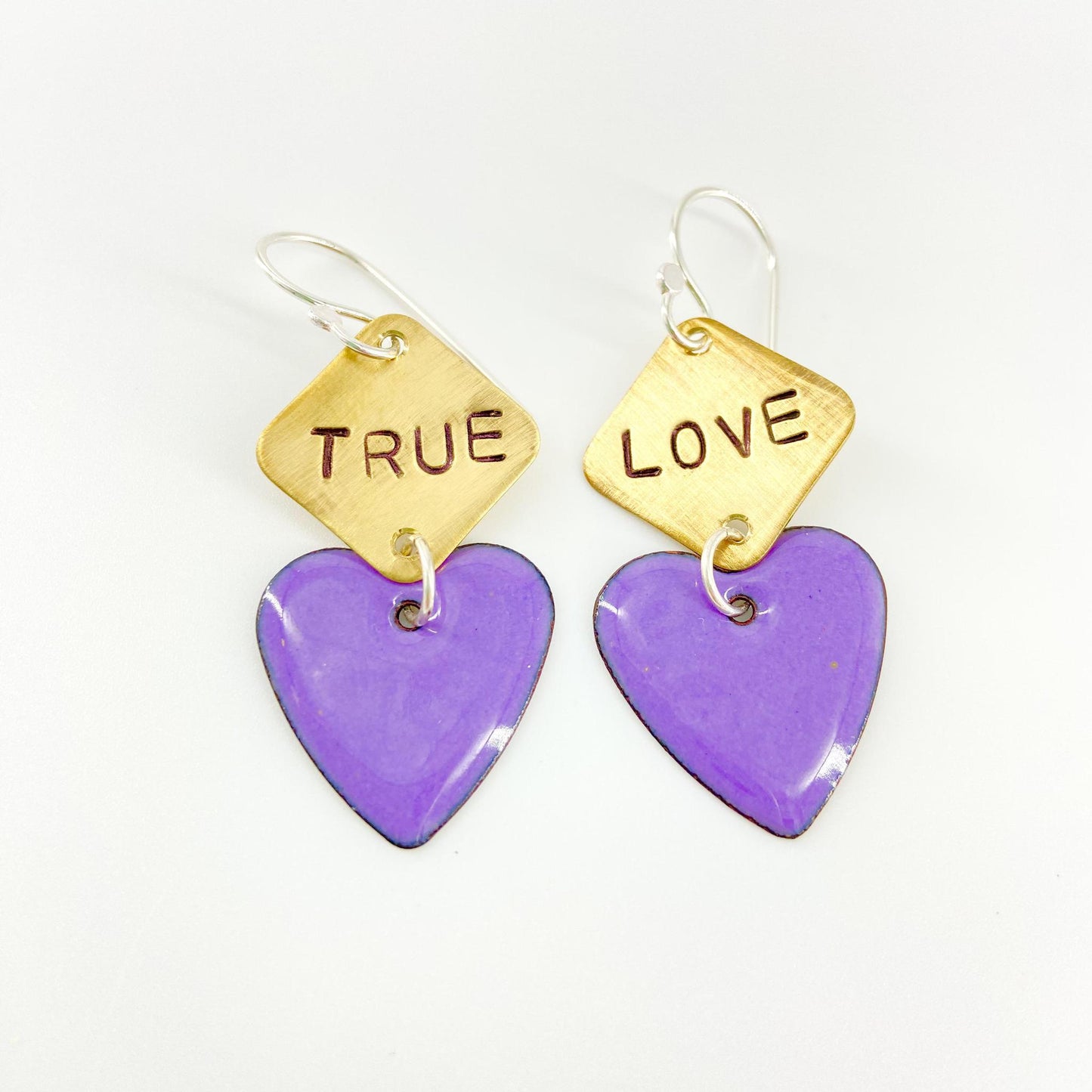 Earrings - Violet TRUE LOVE Heart - Enamel on Copper