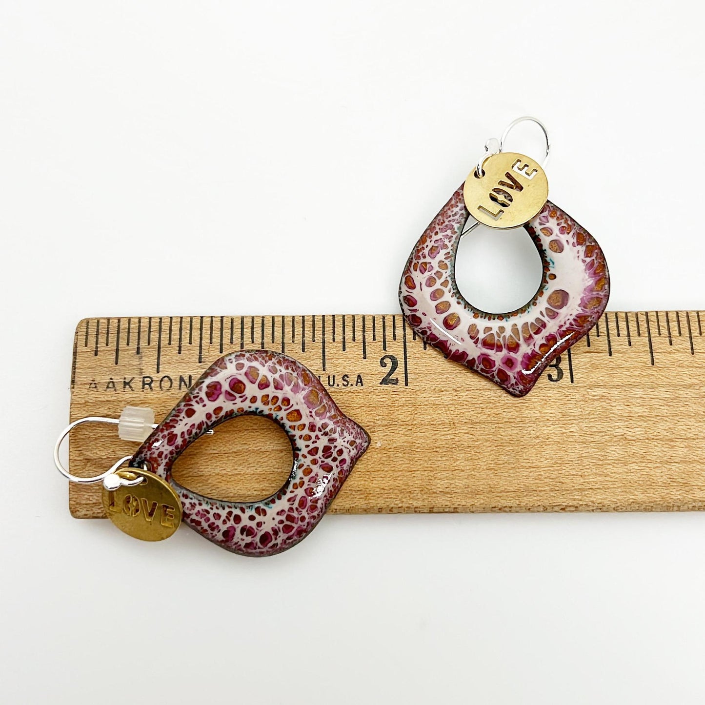 Earrings - Pale Pink Center-Cut Curved Diamonds - Brass "LOVE" Tag - Enamel on Copper