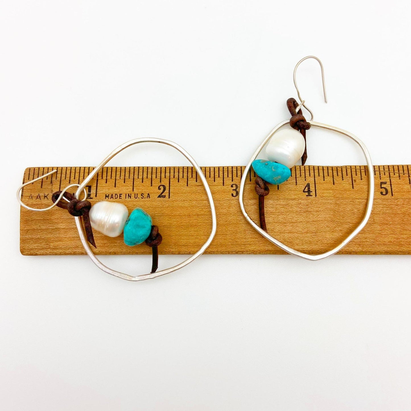 Earrings - Circle w/ Leather Knot/Pearl/Turquiose Drop - Sterling Silver