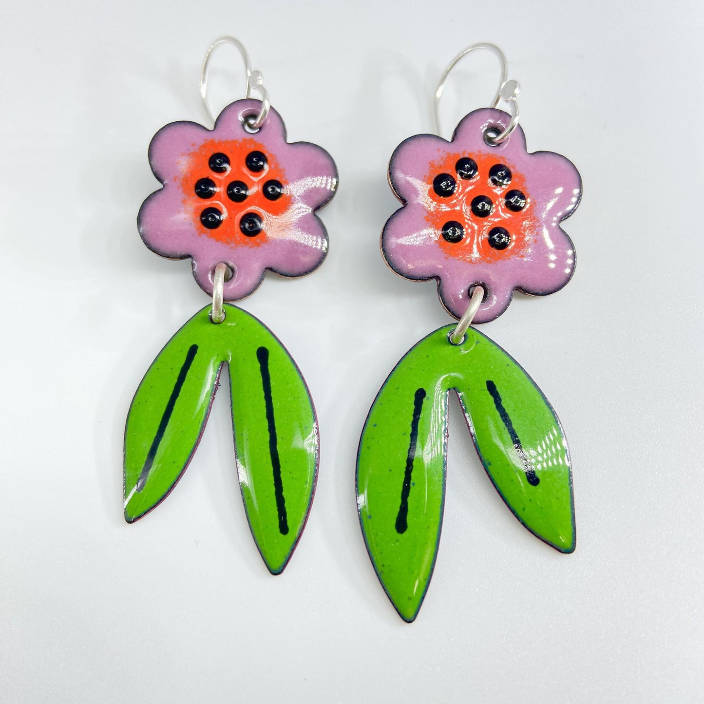Earrings - Pink and Orange Wildflowers #1 - Enamel on Copper
