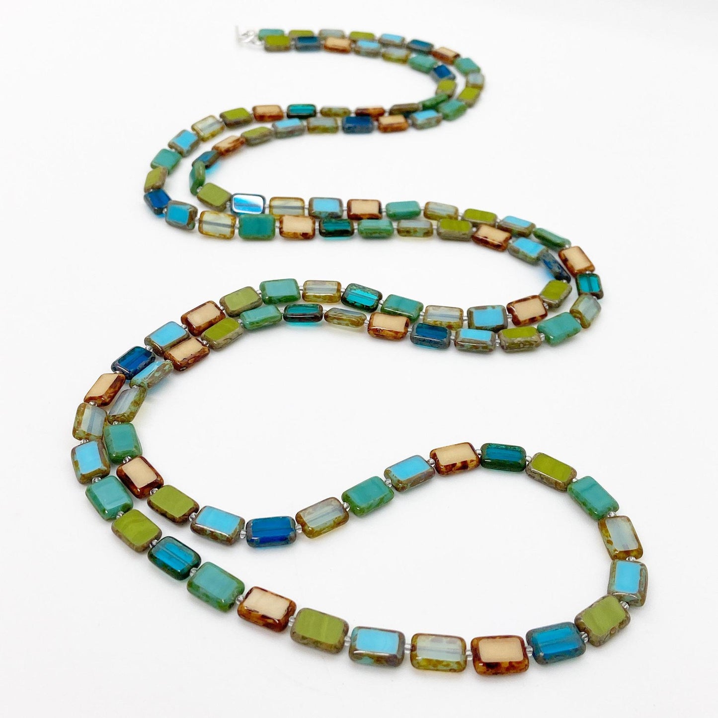 Necklace - 7-Way Furnace Glass Beads - Turquoise with Ochre - 60"