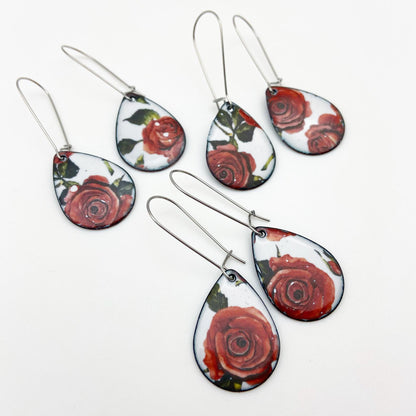Earrings - Roses on Teardrops - Enamel Originals