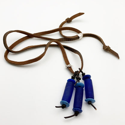 Necklace - Triple Glass Trade Bead Pendants on Leather with Sterling