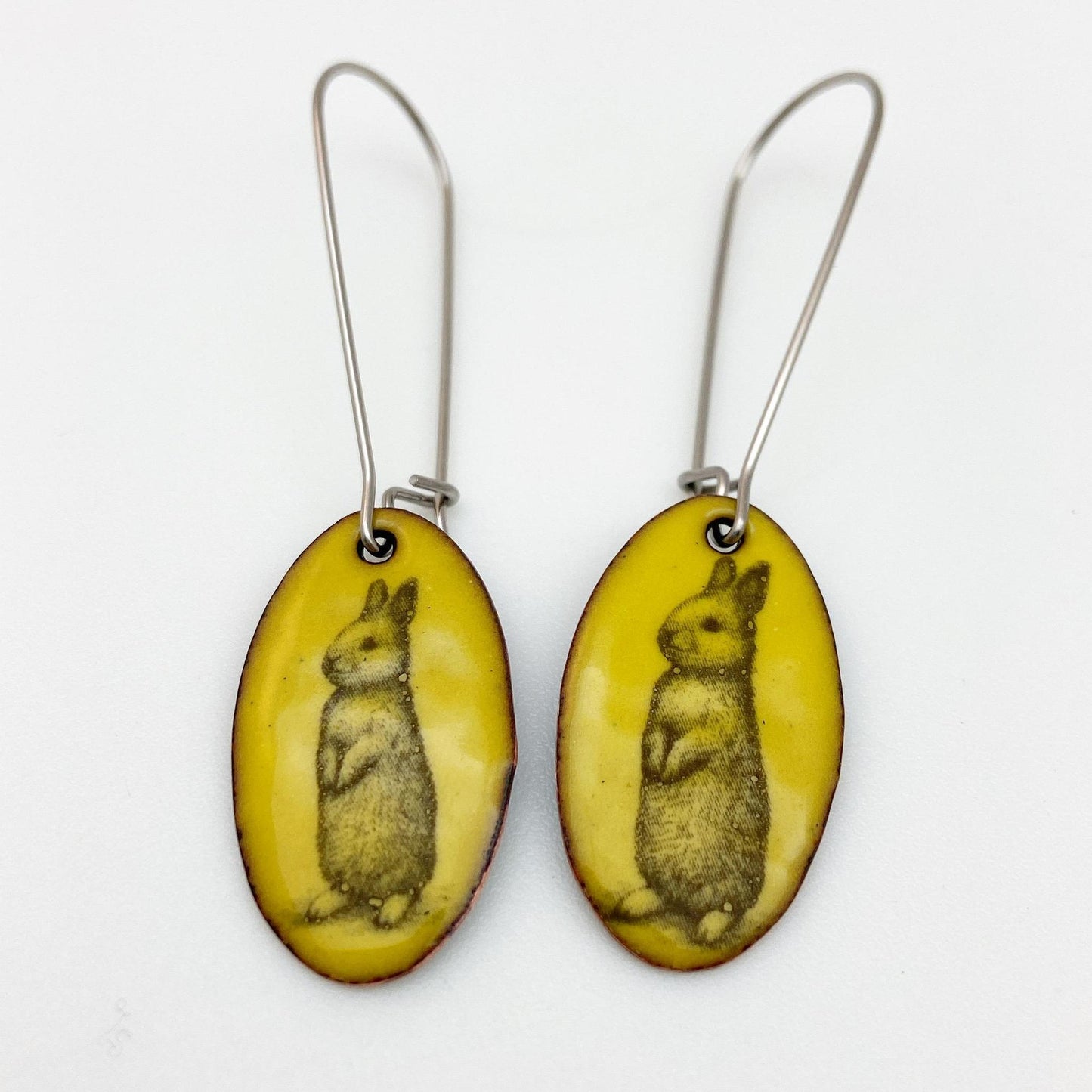 Earrings - Happy Bunnies - Yellow Oval - Enamel on Copper