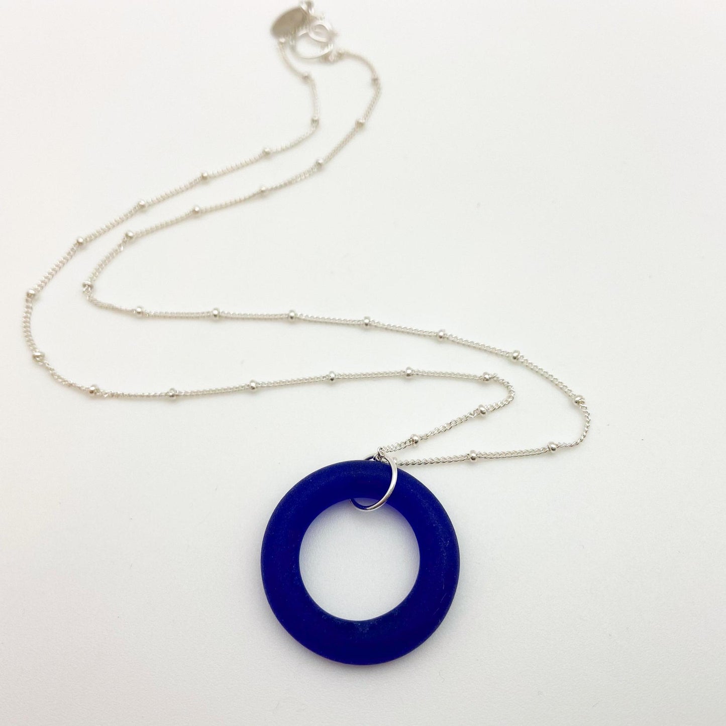 Necklace - Reclaimed Glass Circle on Sterling - Cobalt