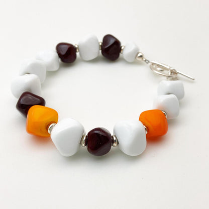 Bracelet - Wine Red, Orange, and White Geometric Glass Beads - Handmade Glass