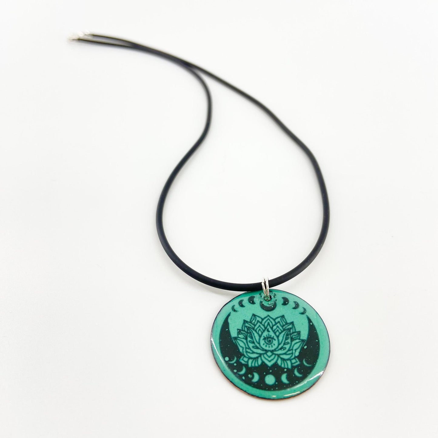 Necklace - Lotus and Moon Phases on Turquoise - Enamel on Copper