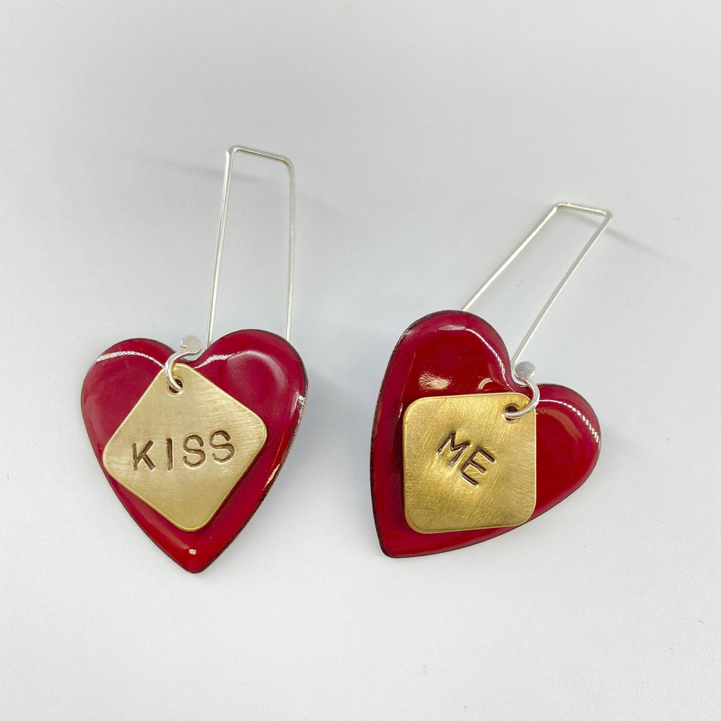 Earrings - Red KISS ME Heart - Enamel on Copper with Brass