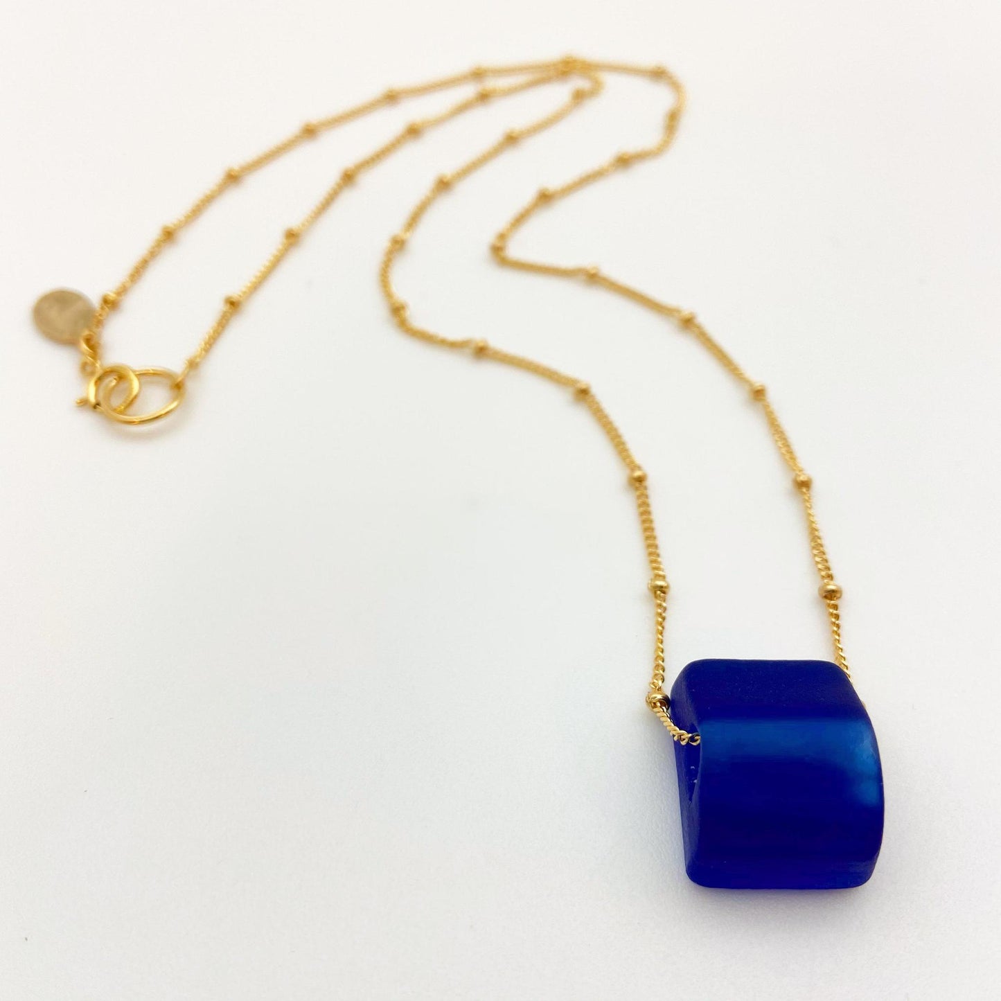 Necklace - Reclaimed Glass Cube on 14kt Goldfill - Cobalt