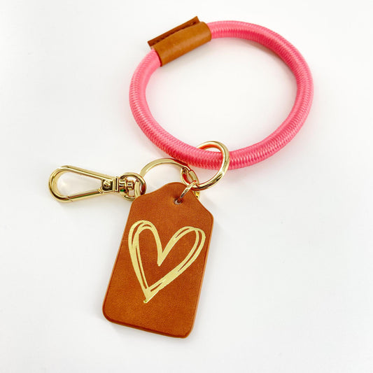 Bracelet Keyring - Leather & Woven Nylon - Coral With Heart