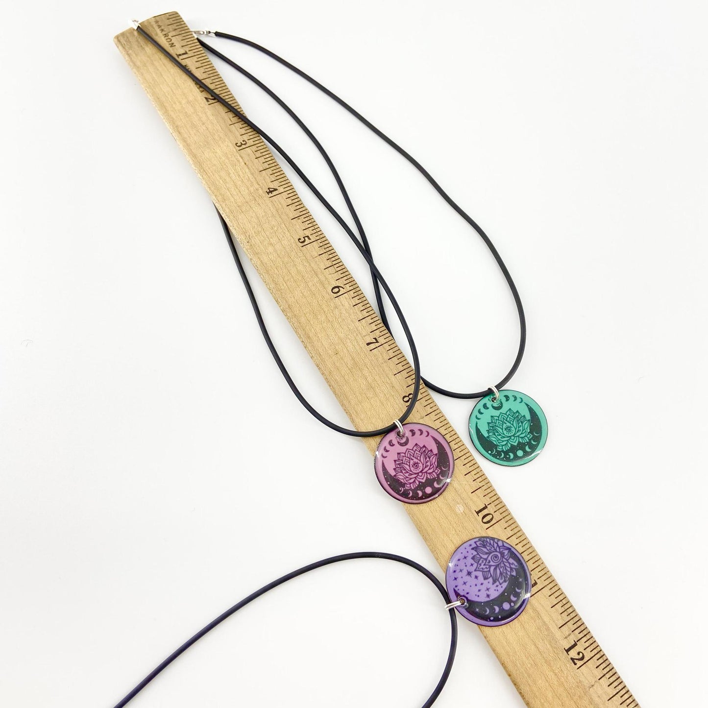 Necklace - Lotus and Moon Phases on Purple - Enamel on Copper