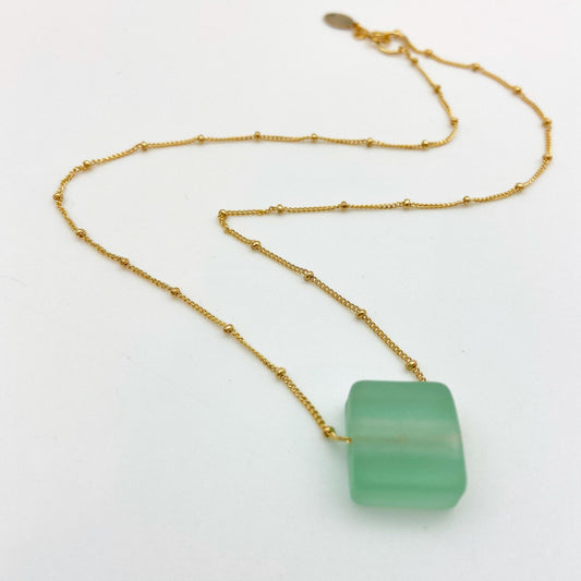 Necklace - Reclaimed Glass Cube on 14kt Gold Fill - Antique Clear