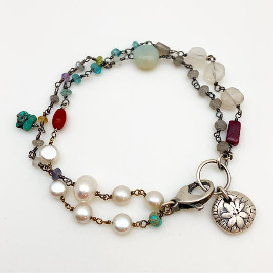 Bracelet - Flower Charm & Mixed Beads - Sterling & Gemstones