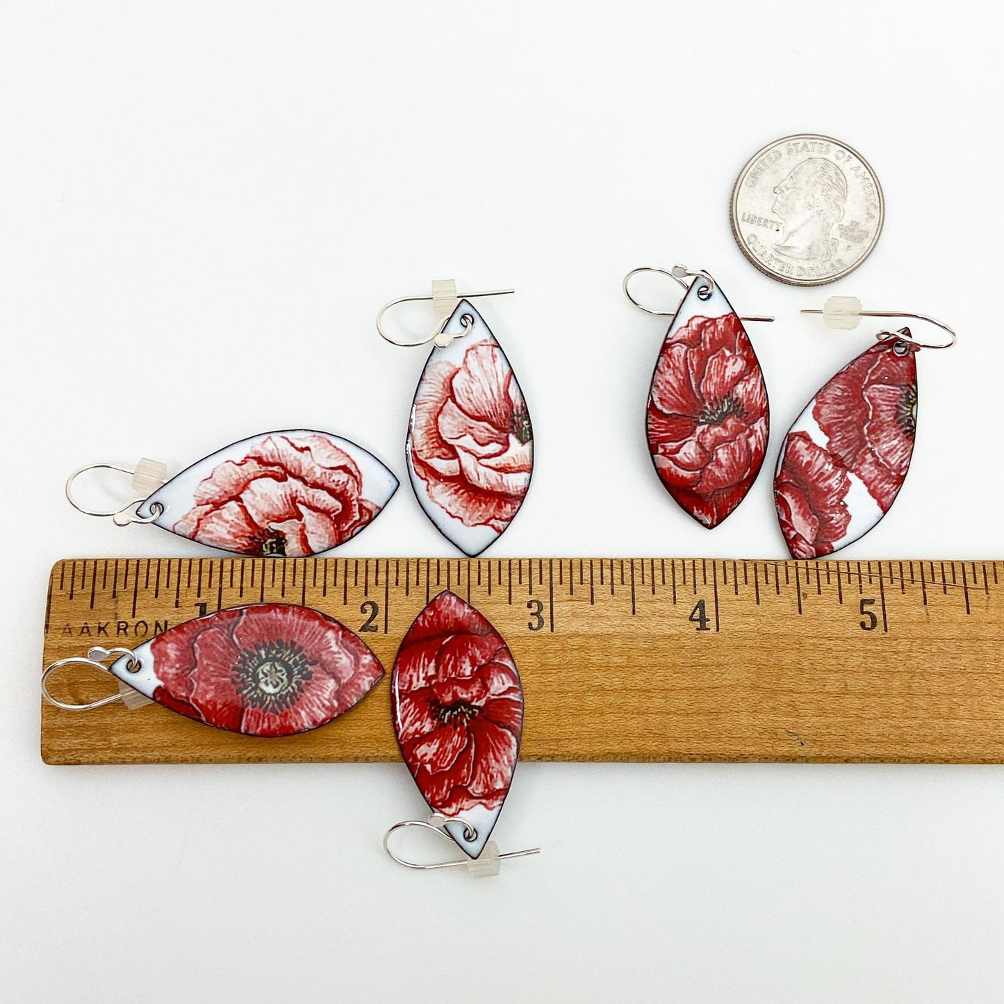 Earrings - Big Red Poppies - Close-Ups - Enamel on Copper