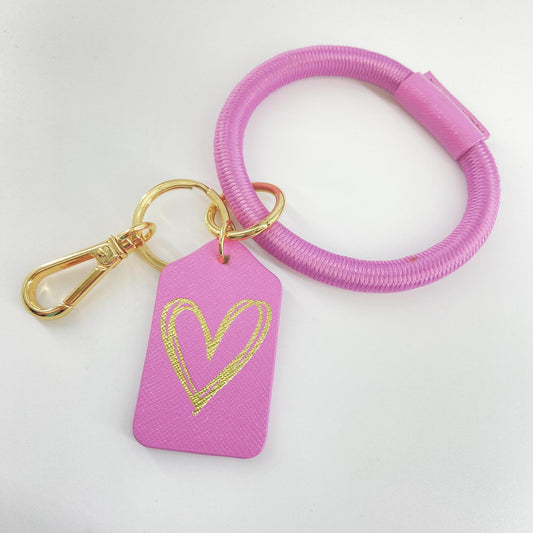 Bracelet Keyring - Leather & Woven Nylon - Orchid With Heart