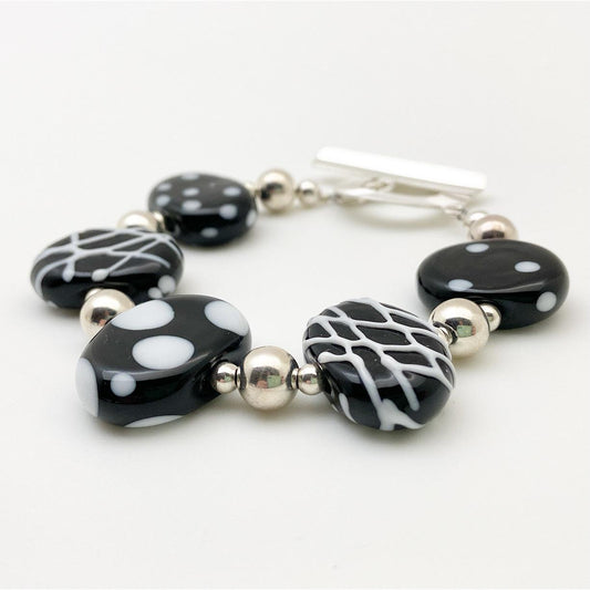 Bracelet - Black and White Flat Glass Beads - Handmade Originals