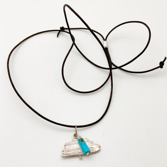 Necklace - Sterling "Cedar Bark" and Turquoise on Leather