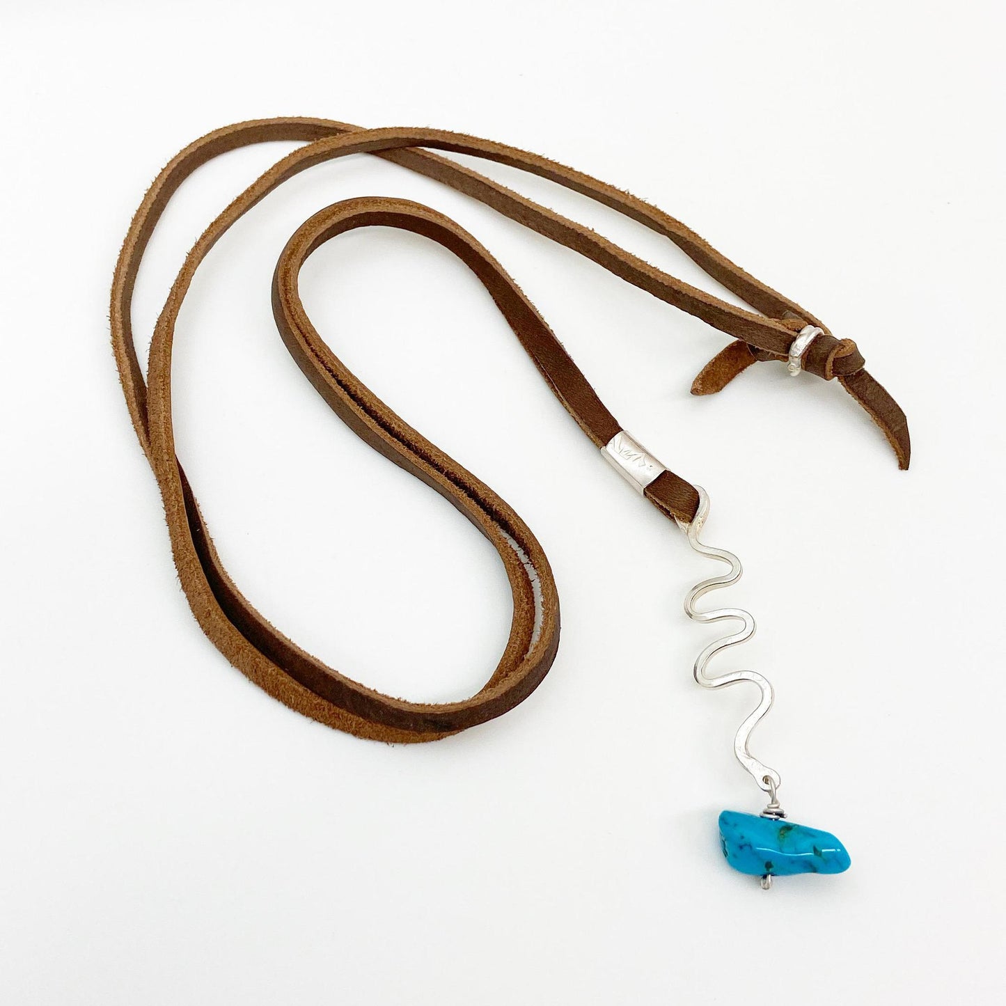 Necklace - Squiggle and Turquoise Bead Pendant on Leather - Sterling Original