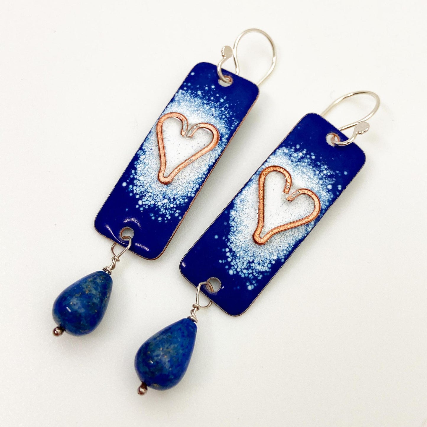 Earrings - White Hearts with Lapis Lazuli Crystals - Copper and Enamel on Copper