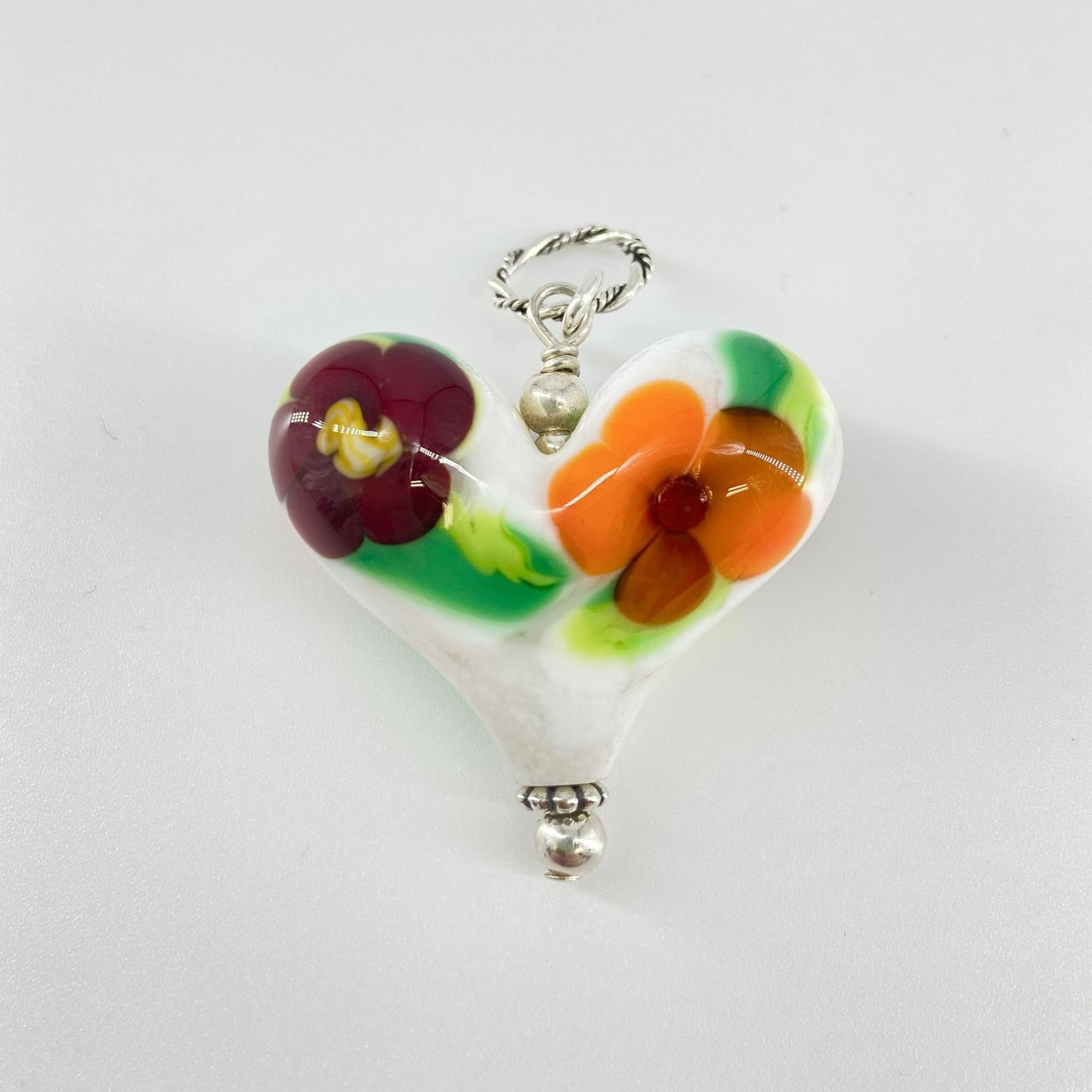 Pendant - Abstract Floral Heart - Multi on White - Handmade Glass