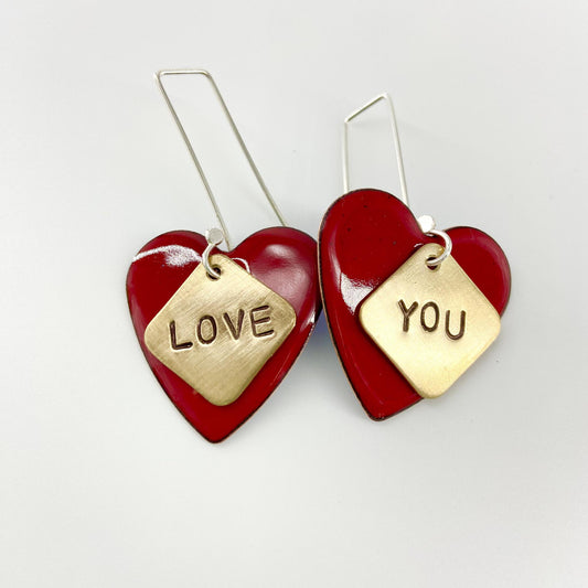 Earrings - Red LOVE YOU Heart - Enamel on Copper with Brass