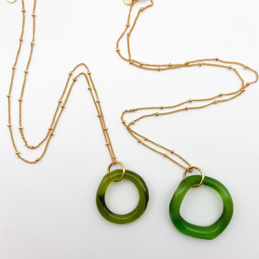 Necklace - Ruffled Glass Hoops on 14kt Goldfill - Pine