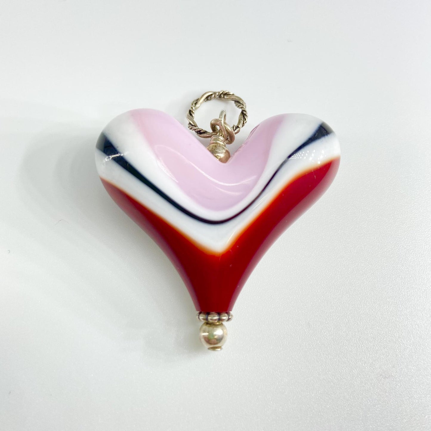 Pendant - Pink & Maroon Stripe Heart - Handmade Glass