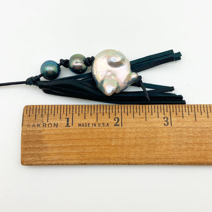 Necklace - Hand-Knotted Pearls on Leather - Pendant and Tassel