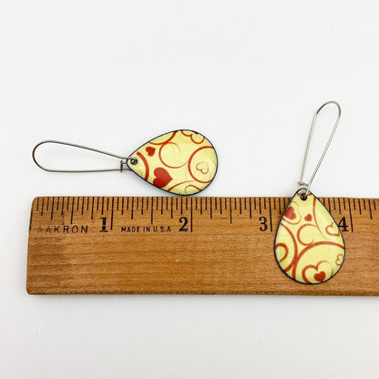Earrings - Red on Yellow Swirl Teardrops - Enamel on Copper