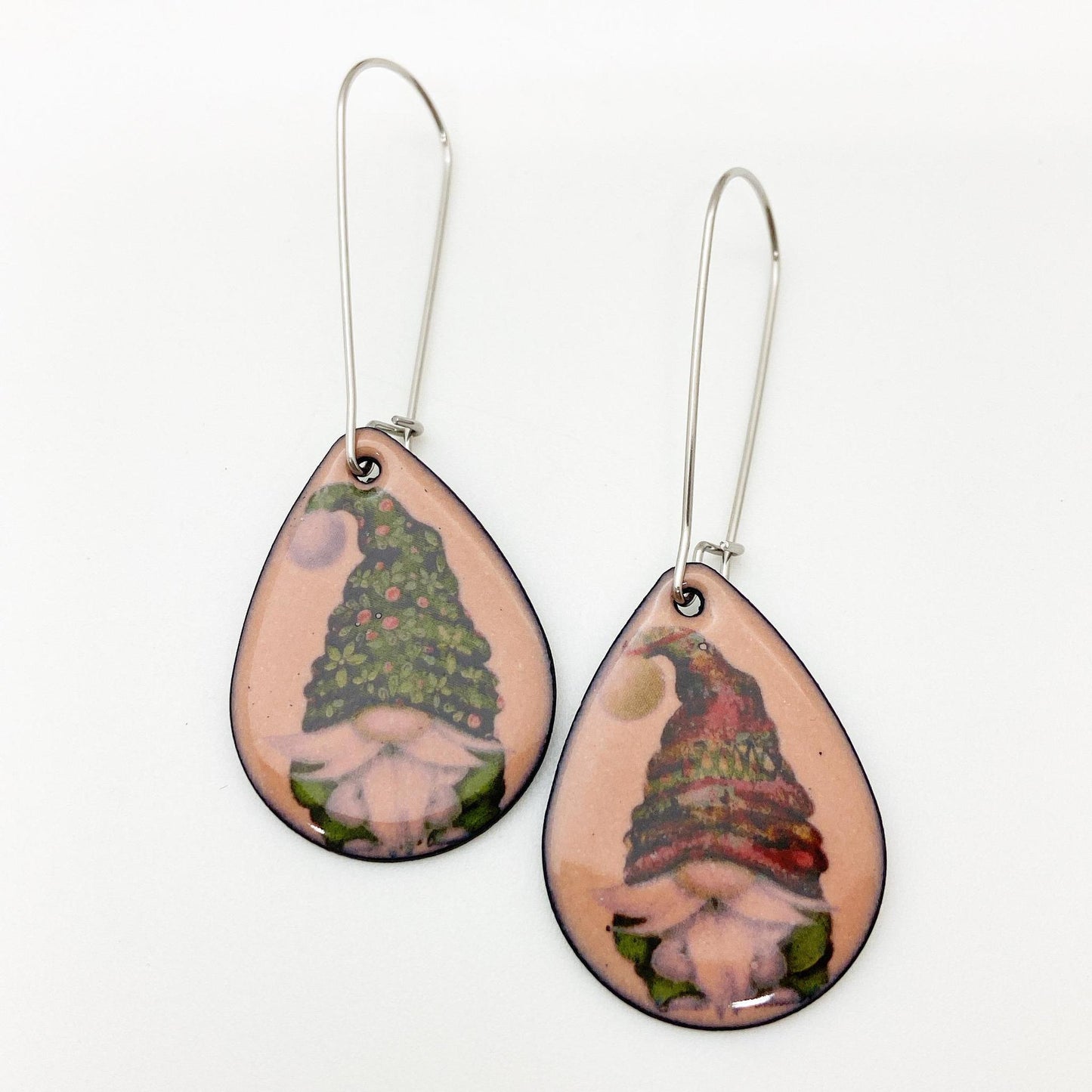 Earrings - Gnomes on Pink Teardrops - Enamel on Copper