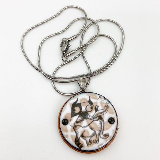 Necklace - Eye Patch Dog - Enamel on Copper & Coin