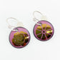 Earrings - Tiny Gold Flowers on Pink Circles - Enamel on Copper