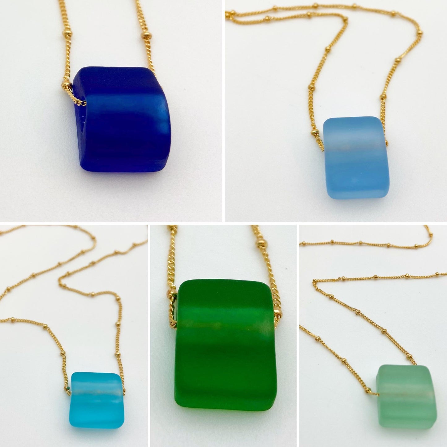Necklace - Reclaimed Glass Cube on 14kt Goldfill - Cobalt