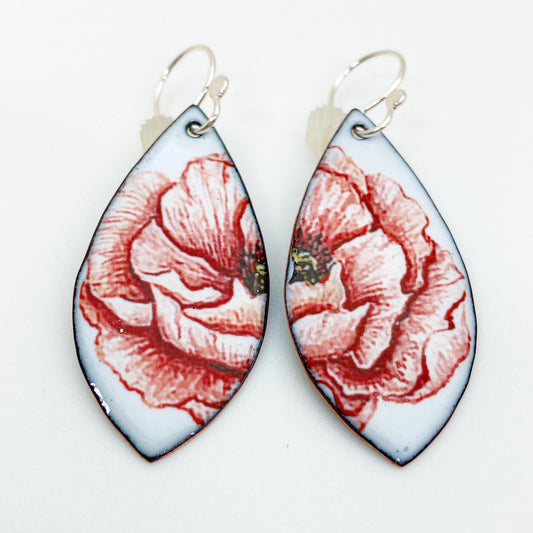 Earrings - Big Red Poppies - White on White - Enamel on Copper