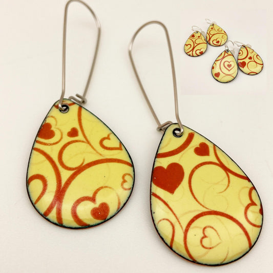 Earrings - Red on Yellow Swirl Teardrops - Enamel on Copper