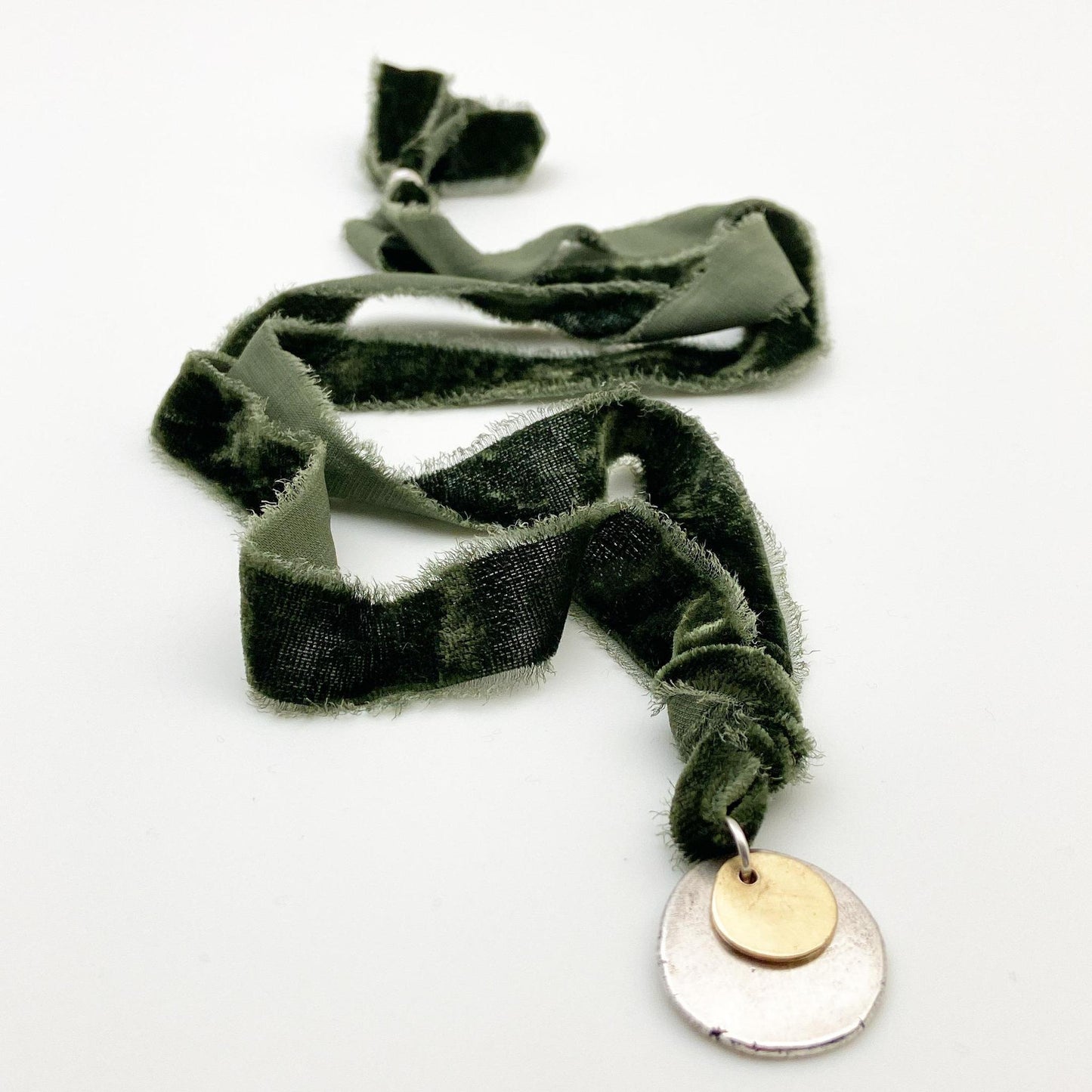 Necklace - Life Balance in Silver and Gold - Medallions on Green Silk Velvet