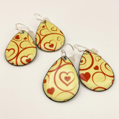 Earrings - Red on Yellow Swirl Teardrops - Enamel on Copper
