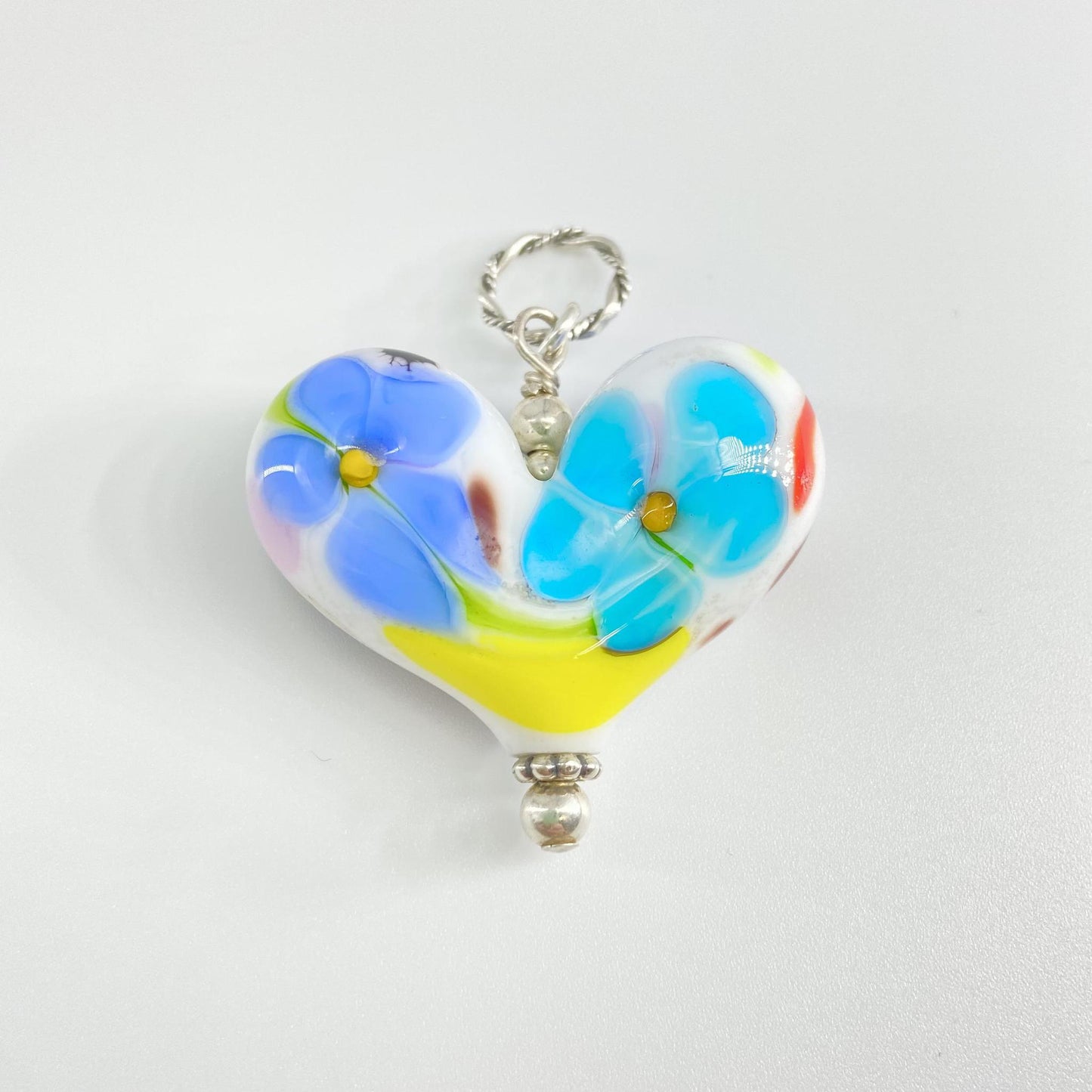 Pendant - Abstract Floral Heart - Blues on White - Handmade Glass