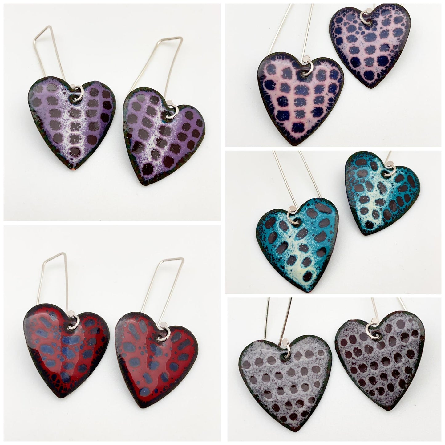 Earrings - Polka Dot Hearts - Enamel on Copper