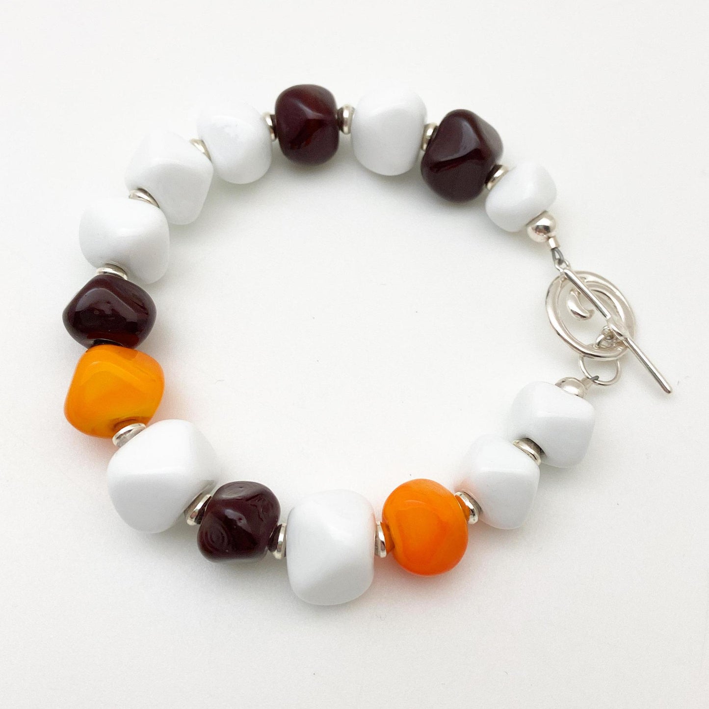 Bracelet - Wine Red, Orange, and White Geometric Glass Beads - Handmade Glass