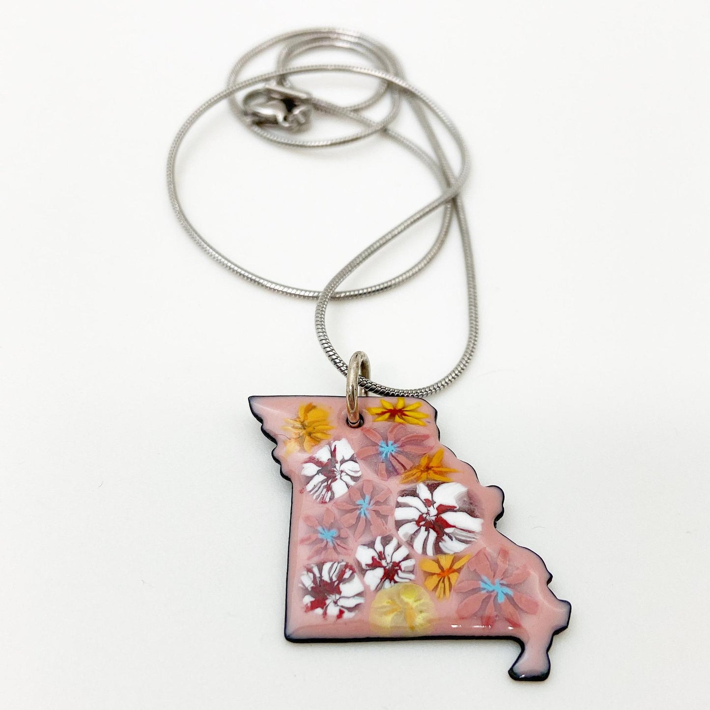 Necklace - Missouri Shape with Wildflowers on Pink - Enamel on Copper