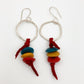 Earrings - Red/Yellow/Turq Beads on Leather - Sterling Hoops