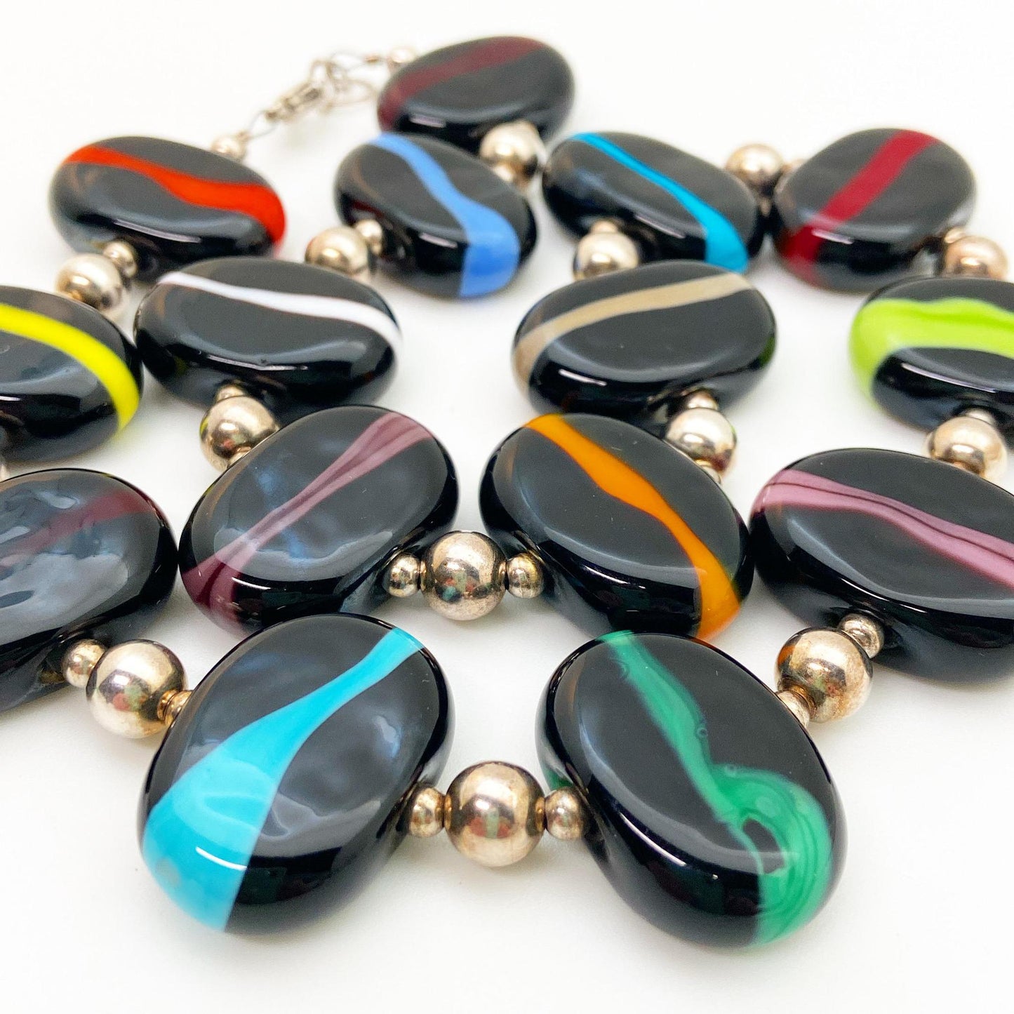 Necklace - Flat Glass Beads - Black with Colorful Veins