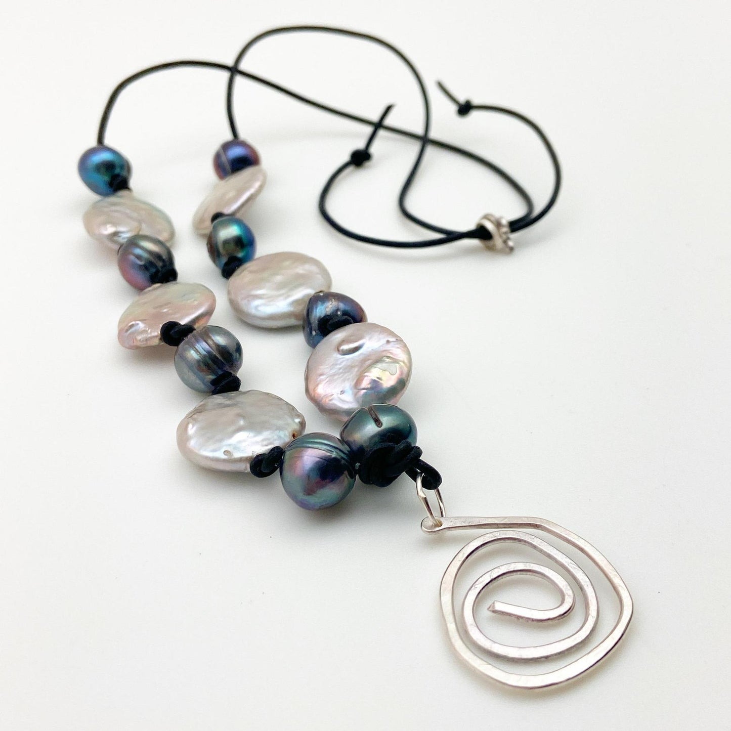 Necklace - Hand-Knotted Pearl on Leather - Sterling Swirl Pendant
