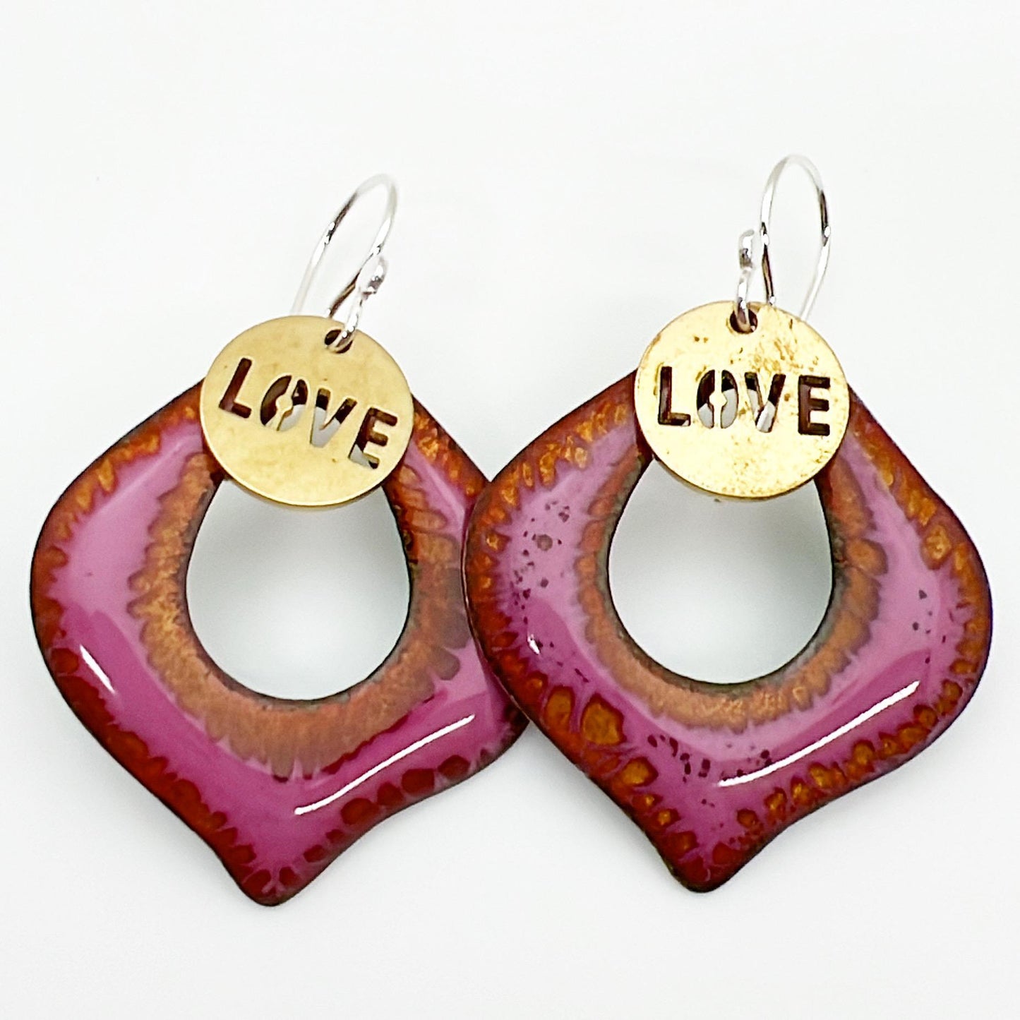 Earrings - Magenta Center-Cut Curved Diamonds - Brass "LOVE" Tag - Enamel on Copper
